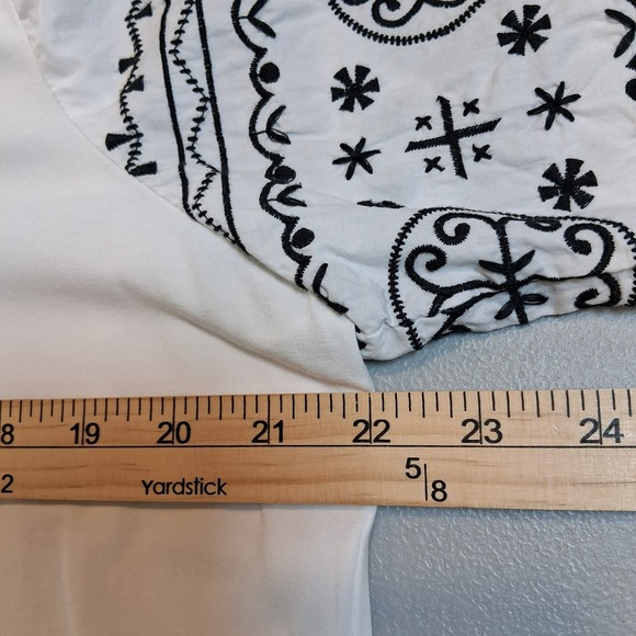 Chicos White Peasant Top Black Emboidered Balloon Sleeves Sz XL Bohemian Cottage - Picture 9 of 10